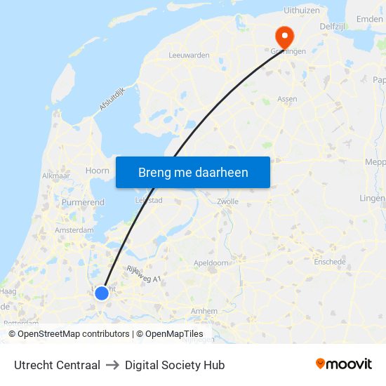 Utrecht Centraal to Digital Society Hub map