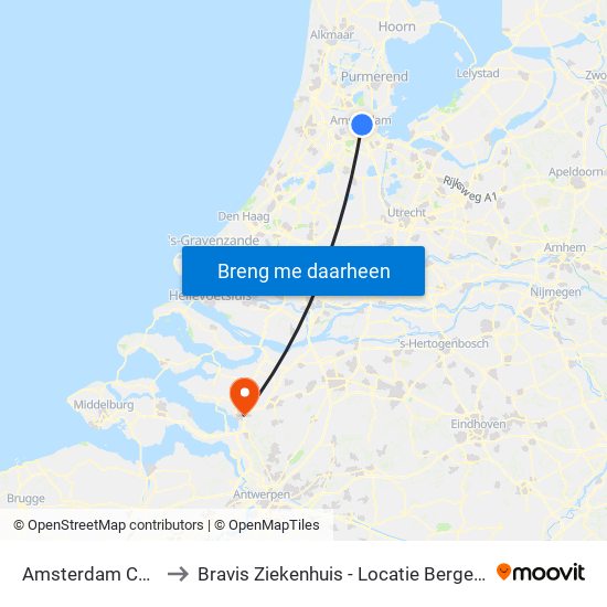 Amsterdam Centraal to Bravis Ziekenhuis - Locatie Bergen Op Zoom map