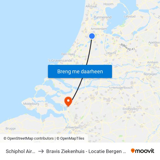 Schiphol Airport to Bravis Ziekenhuis - Locatie Bergen Op Zoom map