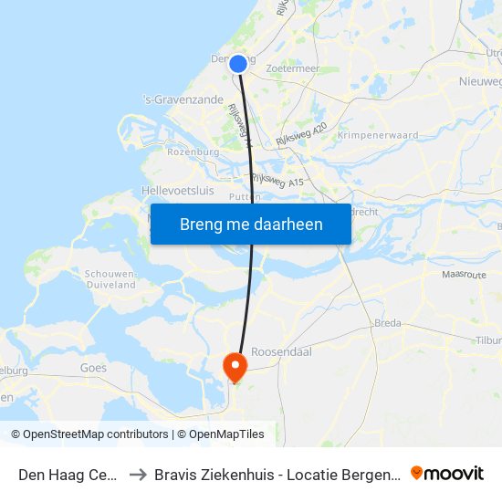 Den Haag Centraal to Bravis Ziekenhuis - Locatie Bergen Op Zoom map