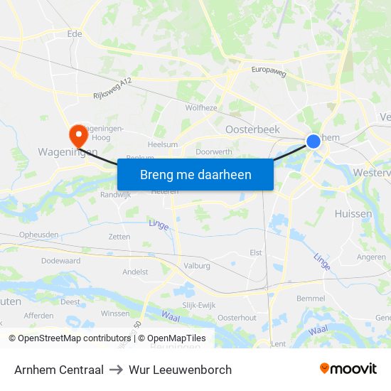 Arnhem Centraal to Wur Leeuwenborch map