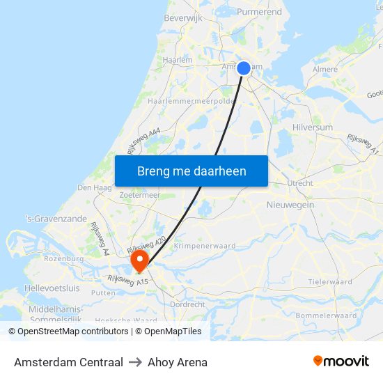 Amsterdam Centraal to Ahoy Arena map