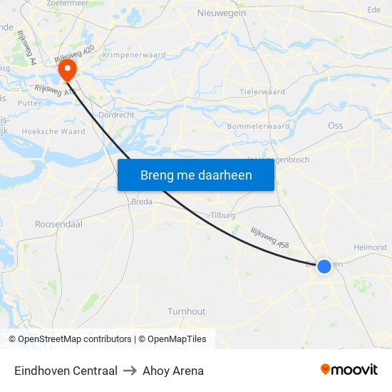 Eindhoven Centraal to Ahoy Arena map
