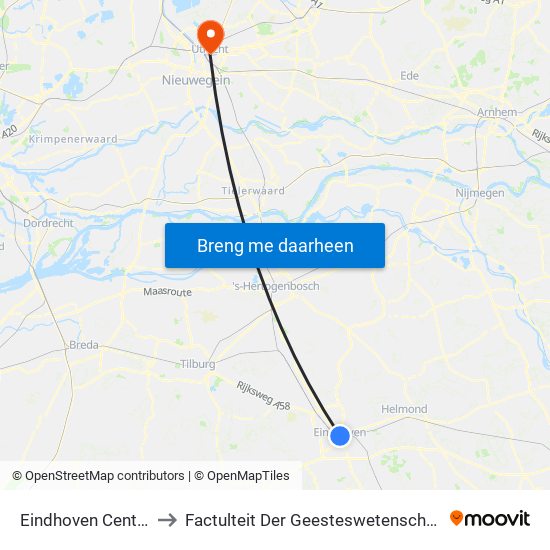 Eindhoven Centraal to Factulteit Der Geesteswetenschappen map