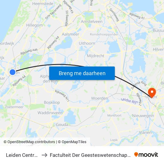 Leiden Centraal to Factulteit Der Geesteswetenschappen map