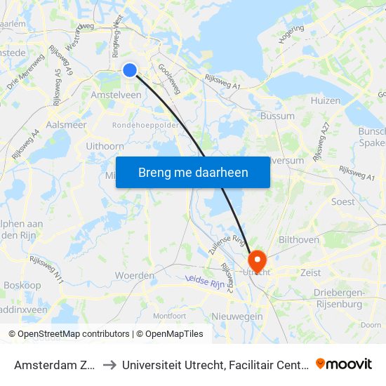 Amsterdam Zuid to Universiteit Utrecht, Facilitair Centrum map