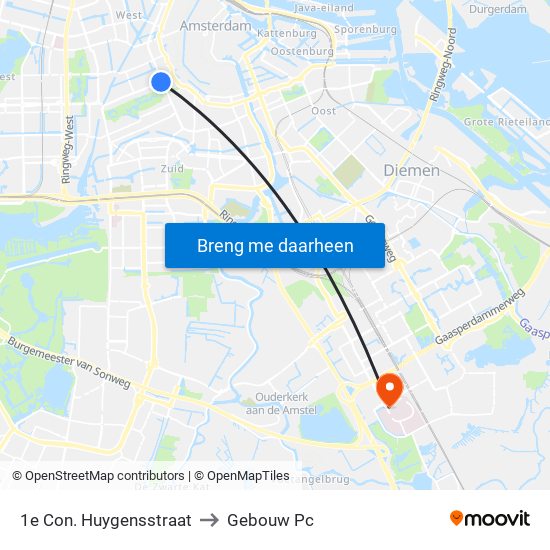 1e Con. Huygensstraat to Gebouw Pc map