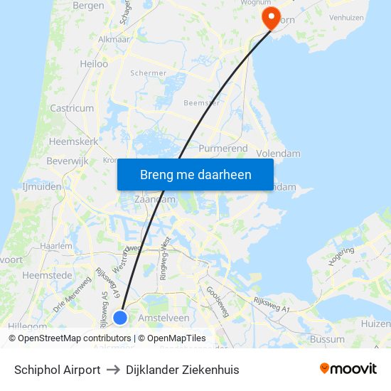 Schiphol Airport to Dijklander Ziekenhuis map