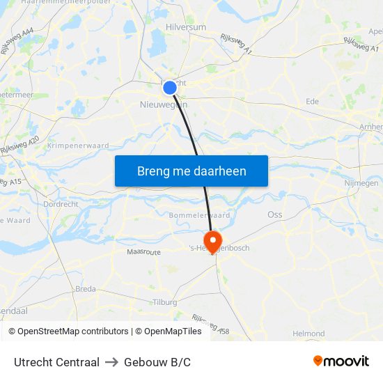 Utrecht Centraal to Gebouw B/C map