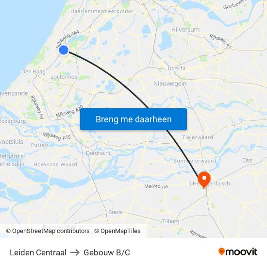 Leiden Centraal to Gebouw B/C map