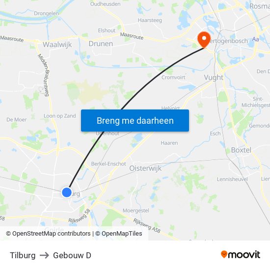 Tilburg to Gebouw D map