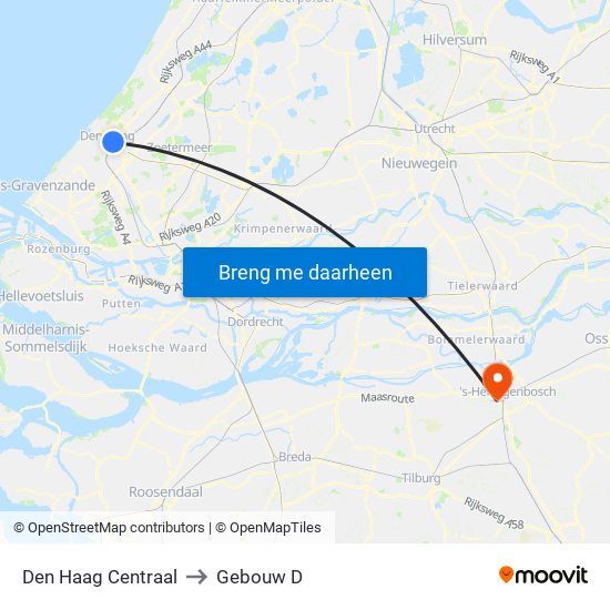 Den Haag Centraal to Gebouw D map