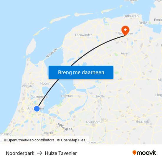 Noorderpark to Huize Tavenier map