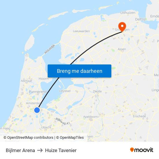 Bijlmer Arena to Huize Tavenier map