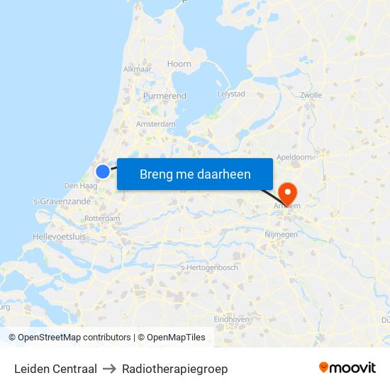 Leiden Centraal to Radiotherapiegroep map