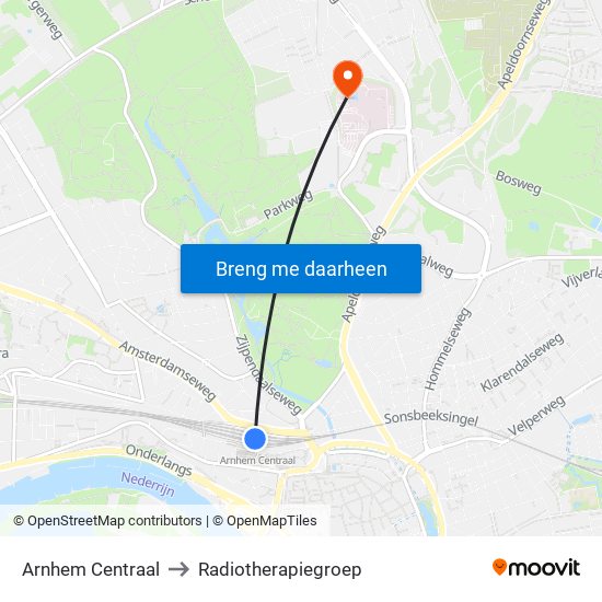 Arnhem Centraal to Radiotherapiegroep map