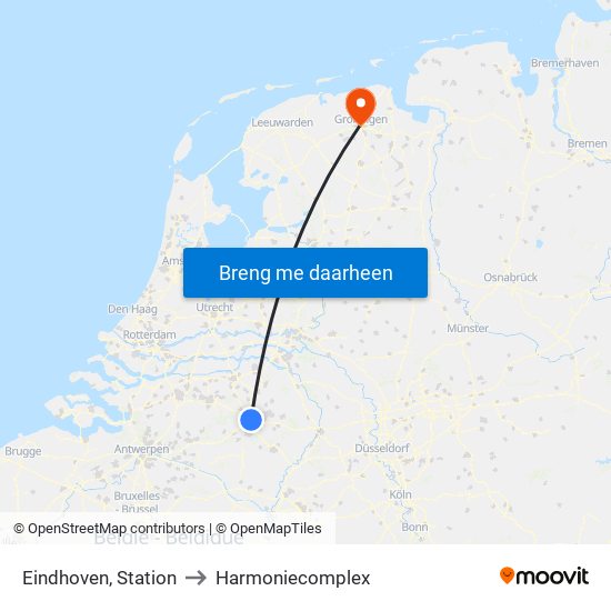 Eindhoven, Station to Harmoniecomplex map
