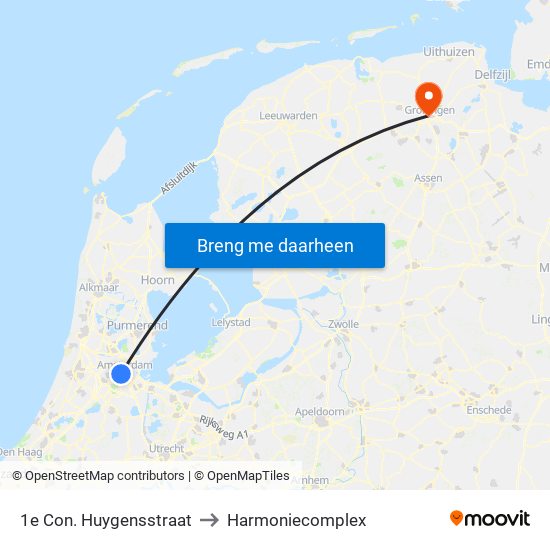 1e Con. Huygensstraat to Harmoniecomplex map