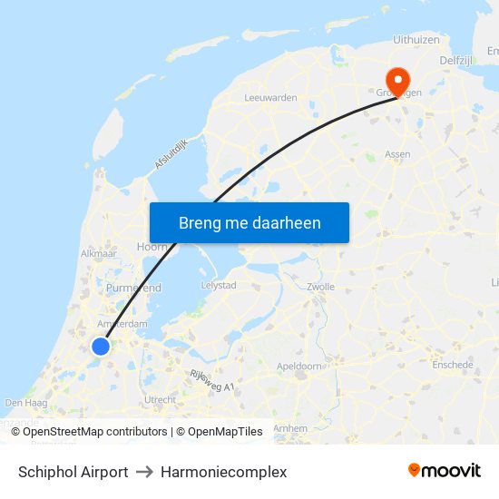 Schiphol Airport to Harmoniecomplex map
