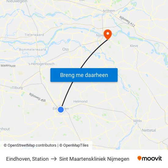 Eindhoven, Station to Sint Maartenskliniek Nijmegen map