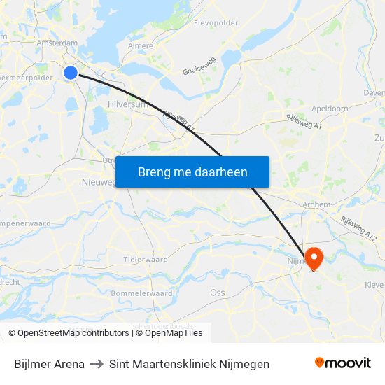 Bijlmer Arena to Sint Maartenskliniek Nijmegen map