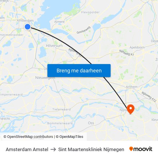 Amsterdam Amstel to Sint Maartenskliniek Nijmegen map