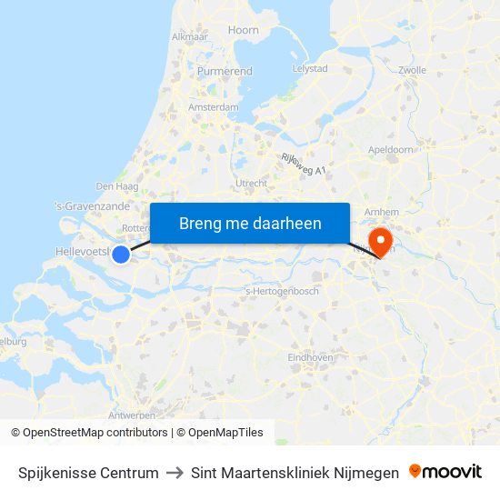 Spijkenisse Centrum to Sint Maartenskliniek Nijmegen map