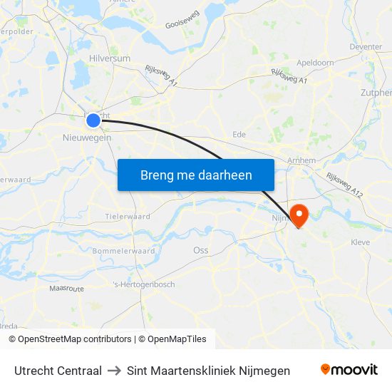 Utrecht Centraal to Sint Maartenskliniek Nijmegen map