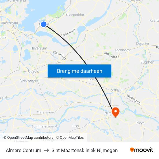 Almere Centrum to Sint Maartenskliniek Nijmegen map