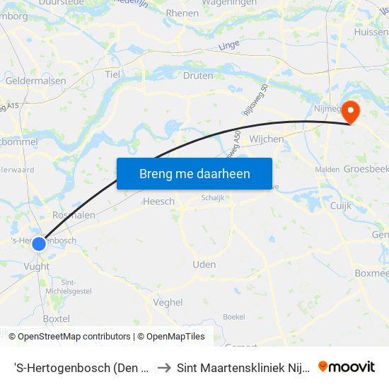 'S-Hertogenbosch (Den Bosch) to Sint Maartenskliniek Nijmegen map