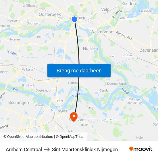 Arnhem Centraal to Sint Maartenskliniek Nijmegen map