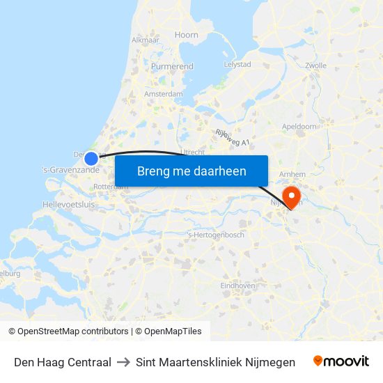 Den Haag Centraal to Sint Maartenskliniek Nijmegen map