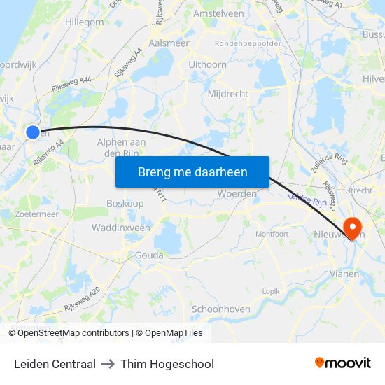 Leiden Centraal to Thim Hogeschool map