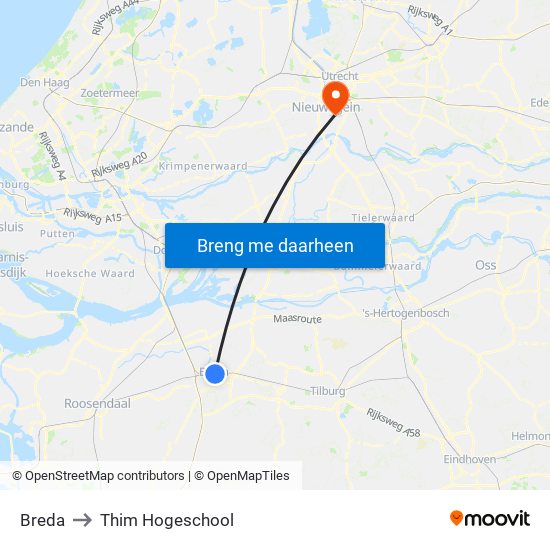 Breda to Thim Hogeschool map