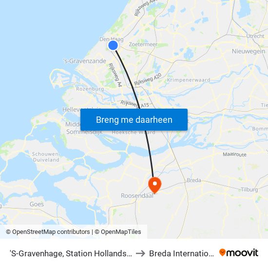 'S-Gravenhage, Station Hollands Spoor (Perron A) to Breda International Airport map