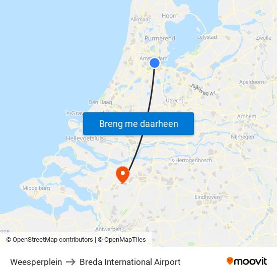 Weesperplein to Breda International Airport map