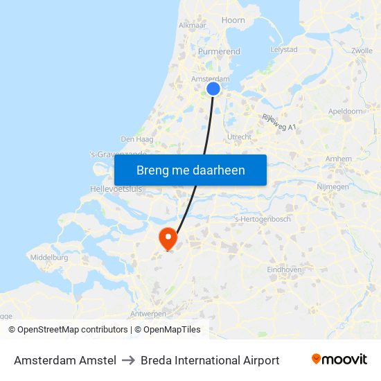 Amsterdam Amstel to Breda International Airport map