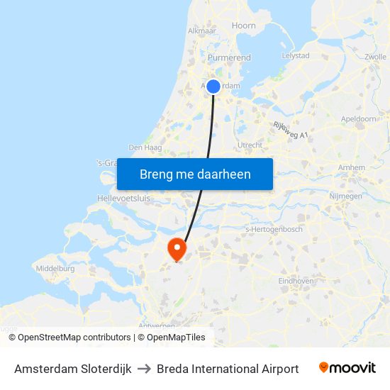 Amsterdam Sloterdijk to Breda International Airport map