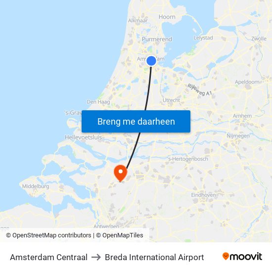 Amsterdam Centraal to Breda International Airport map