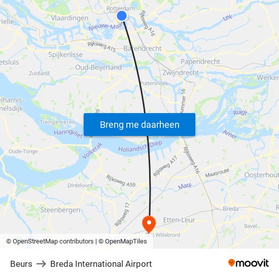 Beurs to Breda International Airport map