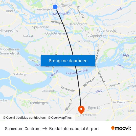Schiedam Centrum to Breda International Airport map