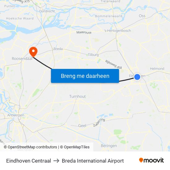 Eindhoven Centraal to Breda International Airport map