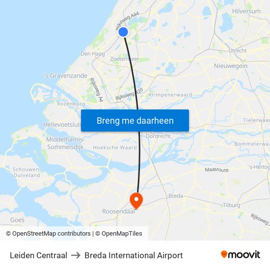 Leiden Centraal to Breda International Airport map