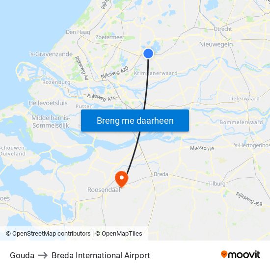 Gouda to Breda International Airport map
