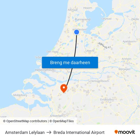 Amsterdam Lelylaan to Breda International Airport map