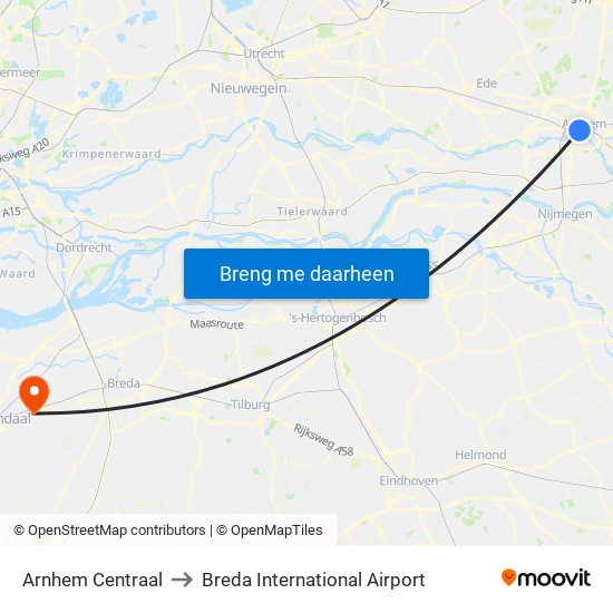 Arnhem Centraal to Breda International Airport map