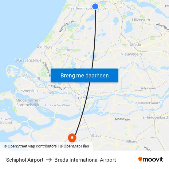 Schiphol Airport to Breda International Airport map