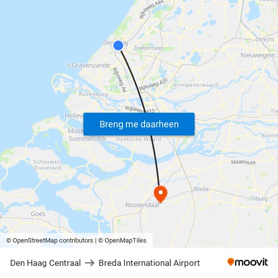 Den Haag Centraal to Breda International Airport map