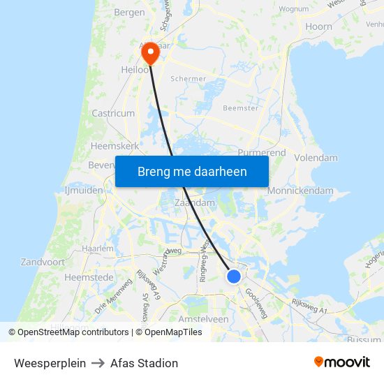 Weesperplein to Afas Stadion map