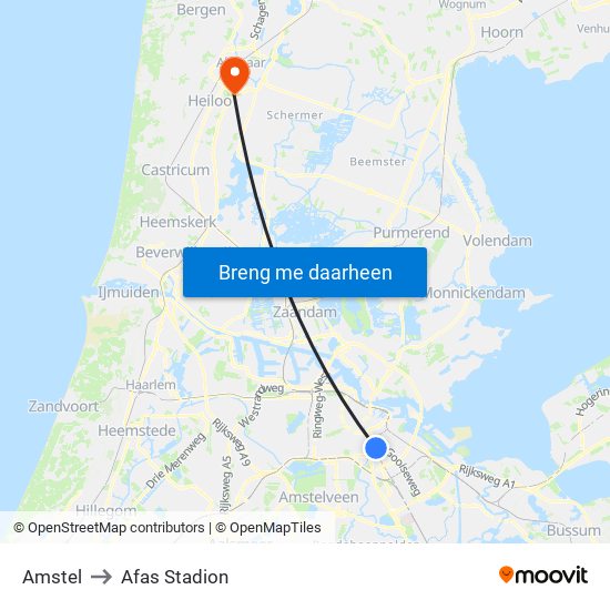 Amstel to Afas Stadion map